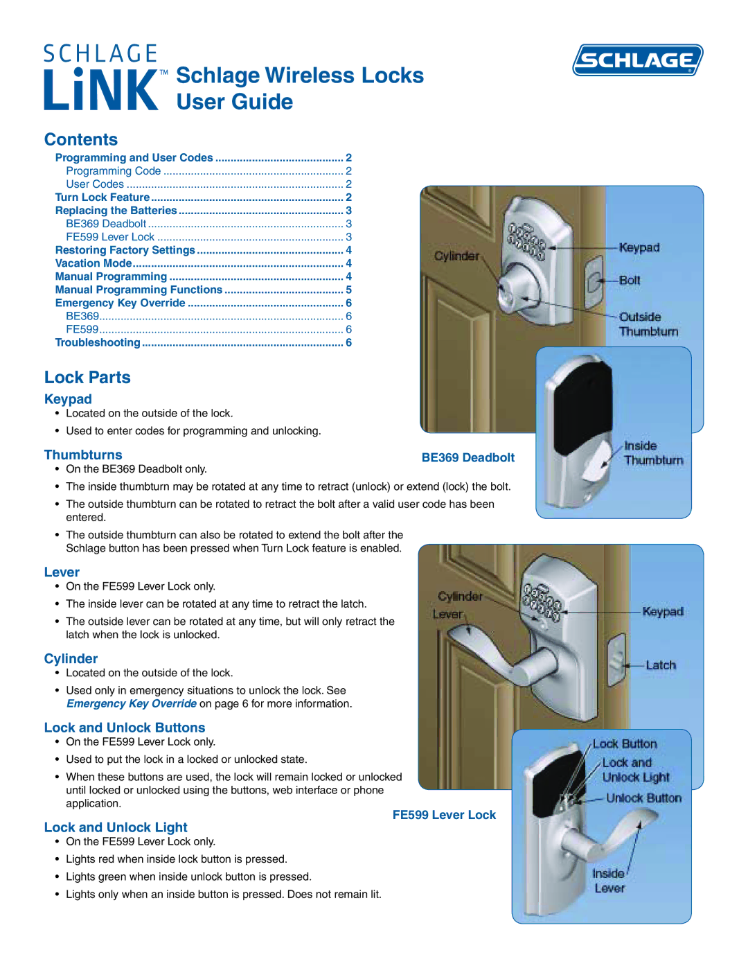 Sony BE369 manual Contents, Lock Parts 