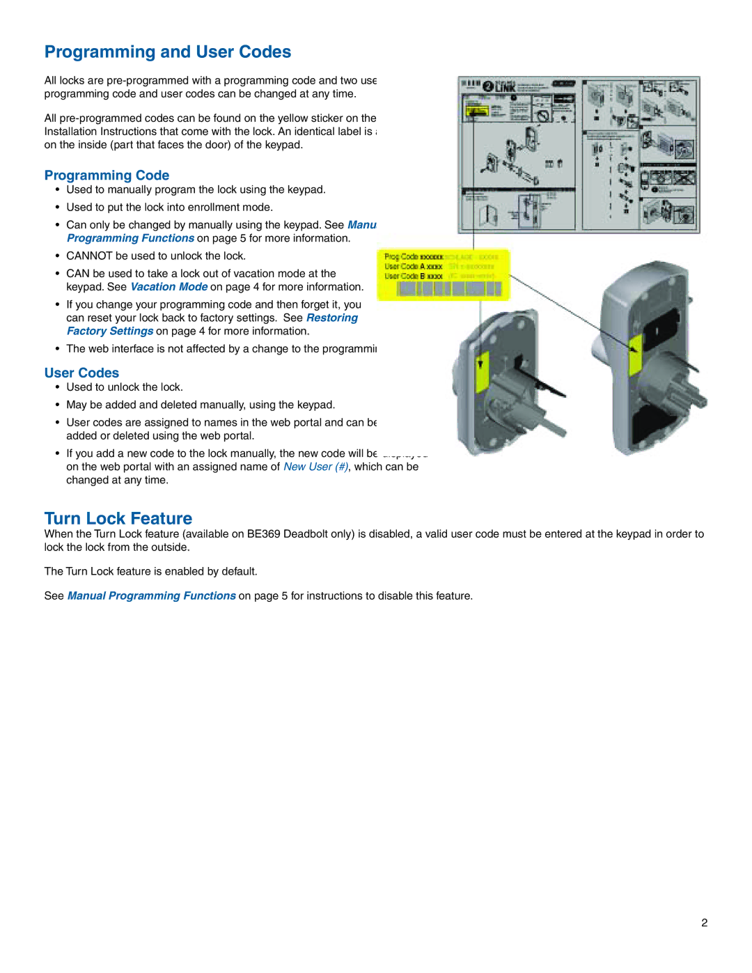 Sony BE369 manual Programming and User Codes, Turn Lock Feature, Programming Code, Cannot be used to unlock the lock 