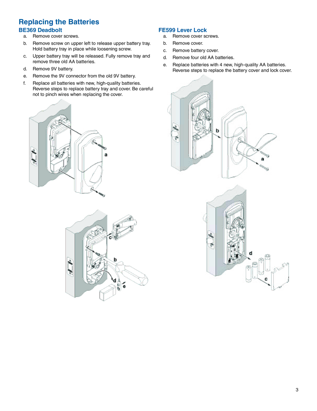 Sony manual Replacing the Batteries, BE369 Deadbolt, FE599 Lever Lock 