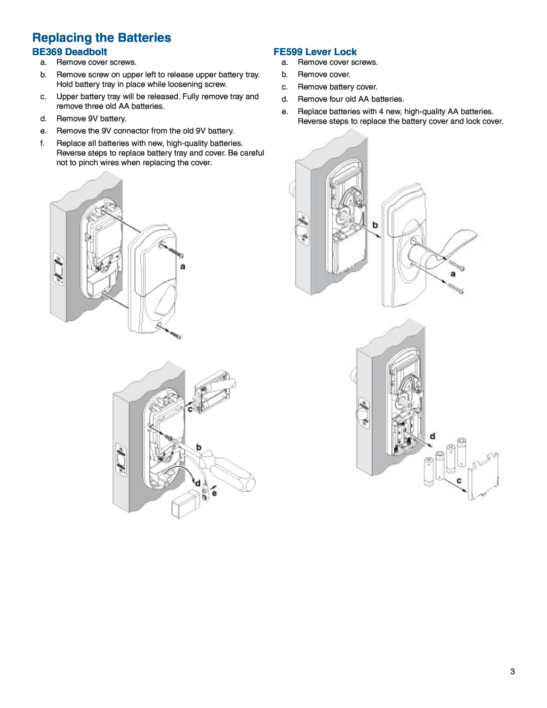 Sony manual Replacing the Batteries, BE369 Deadbolt, FE599 Lever Lock 