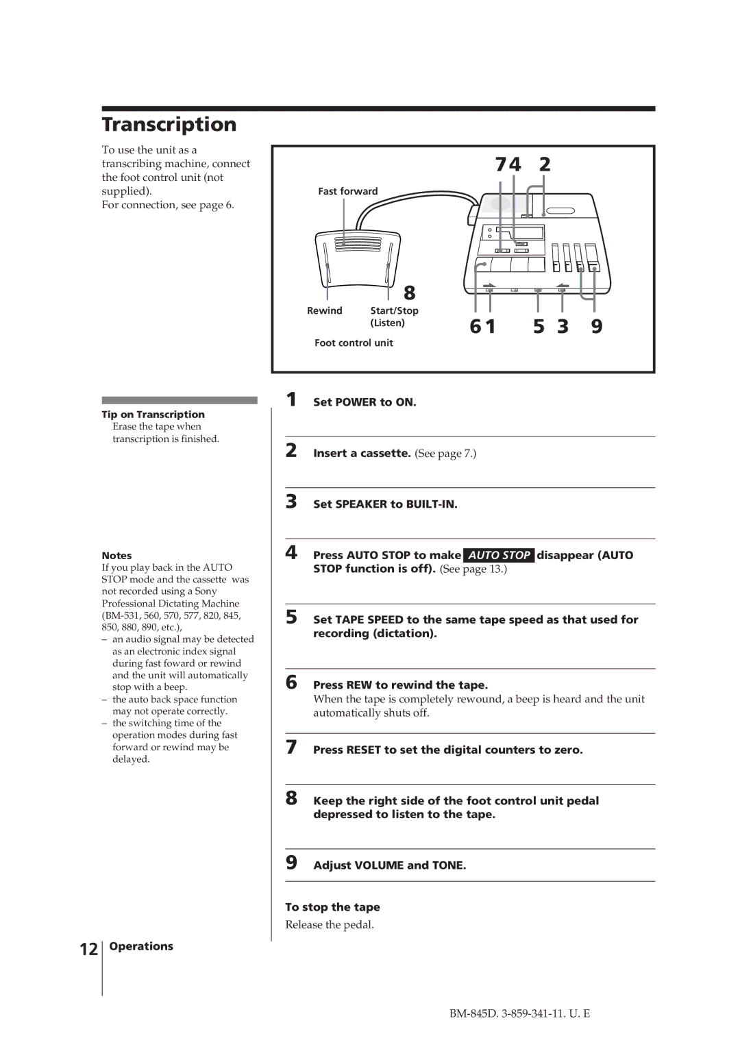 Sony BM-845D manual Transcription, Fast forward Rewind Start/Stop Listen Foot control unit 