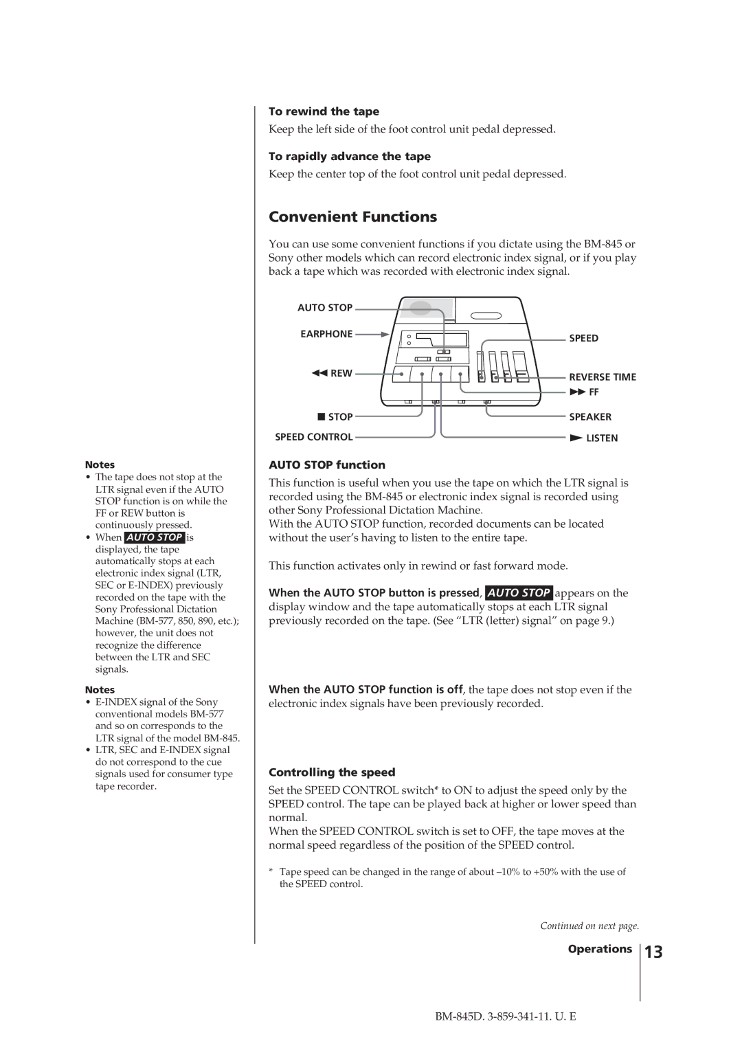 Sony BM-845D manual To rewind the tape, To rapidly advance the tape, Auto Stop function, Controlling the speed 