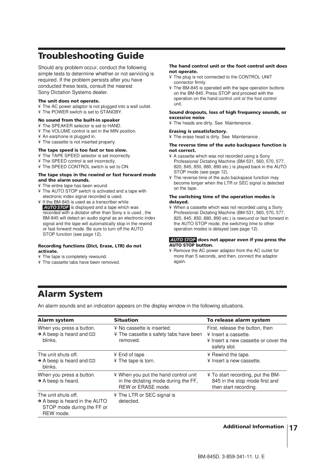 Sony BM-845D manual Troubleshooting Guide, Alarm System, Alarm system Situation To release alarm system 