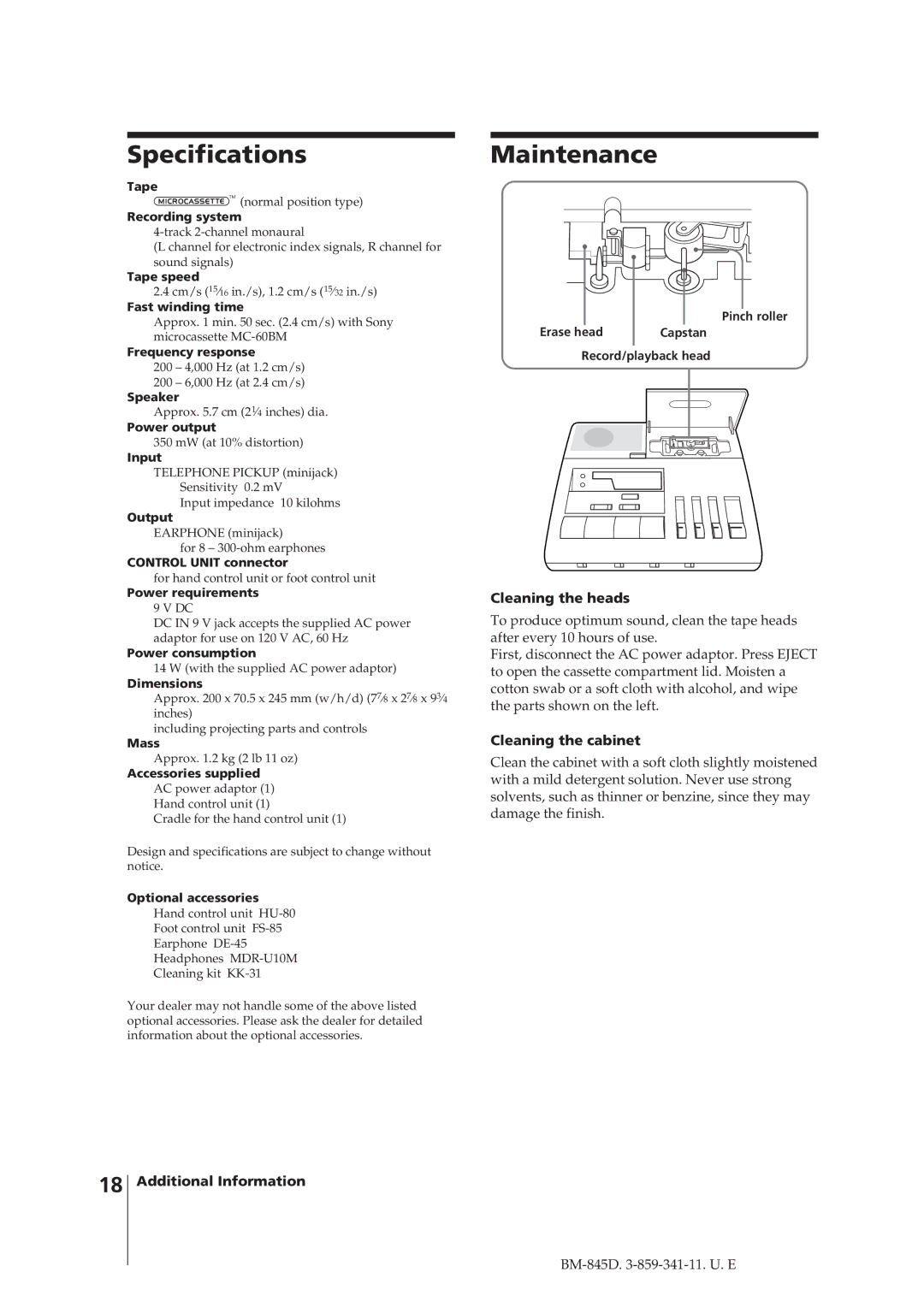 Sony BM-845D manual Specifications, Maintenance, Cleaning the heads, Cleaning the cabinet 