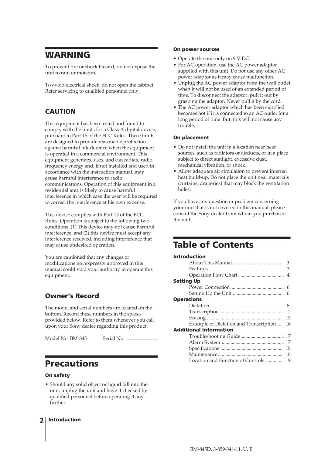 Sony BM-845D manual Precautions, Table of Contents 