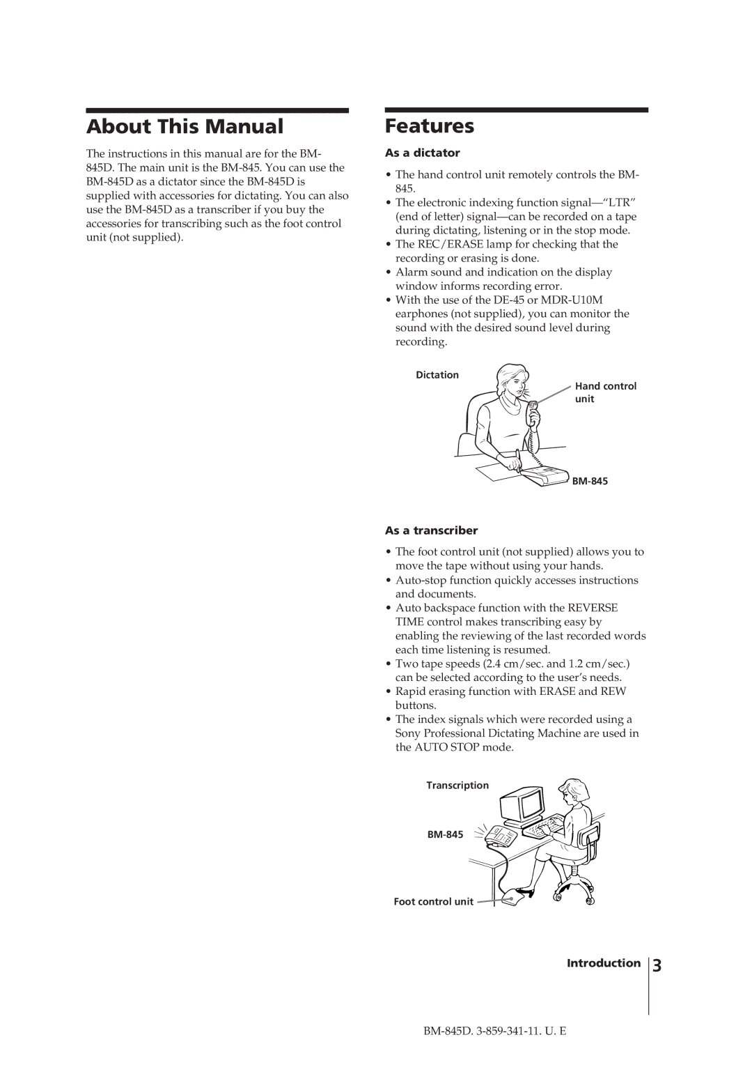 Sony BM-845D manual About This Manual, Features, As a dictator, As a transcriber 