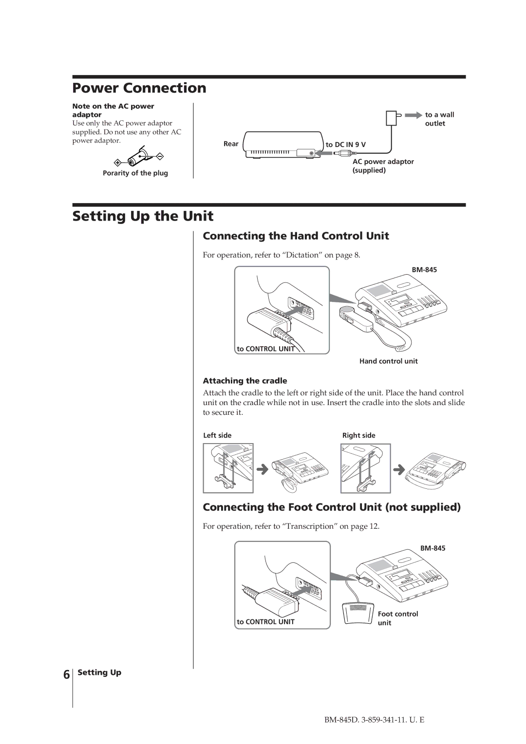 Sony BM-845D manual Power Connection, Setting Up the Unit, Connecting the Hand Control Unit, Attaching the cradle 