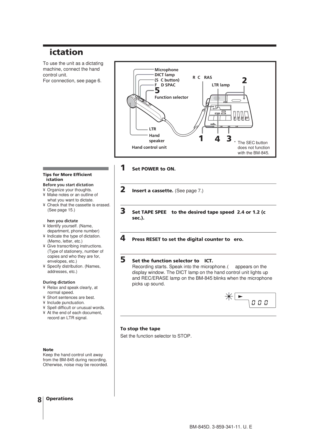 Sony BM-845D manual Dictation, To stop the tape 