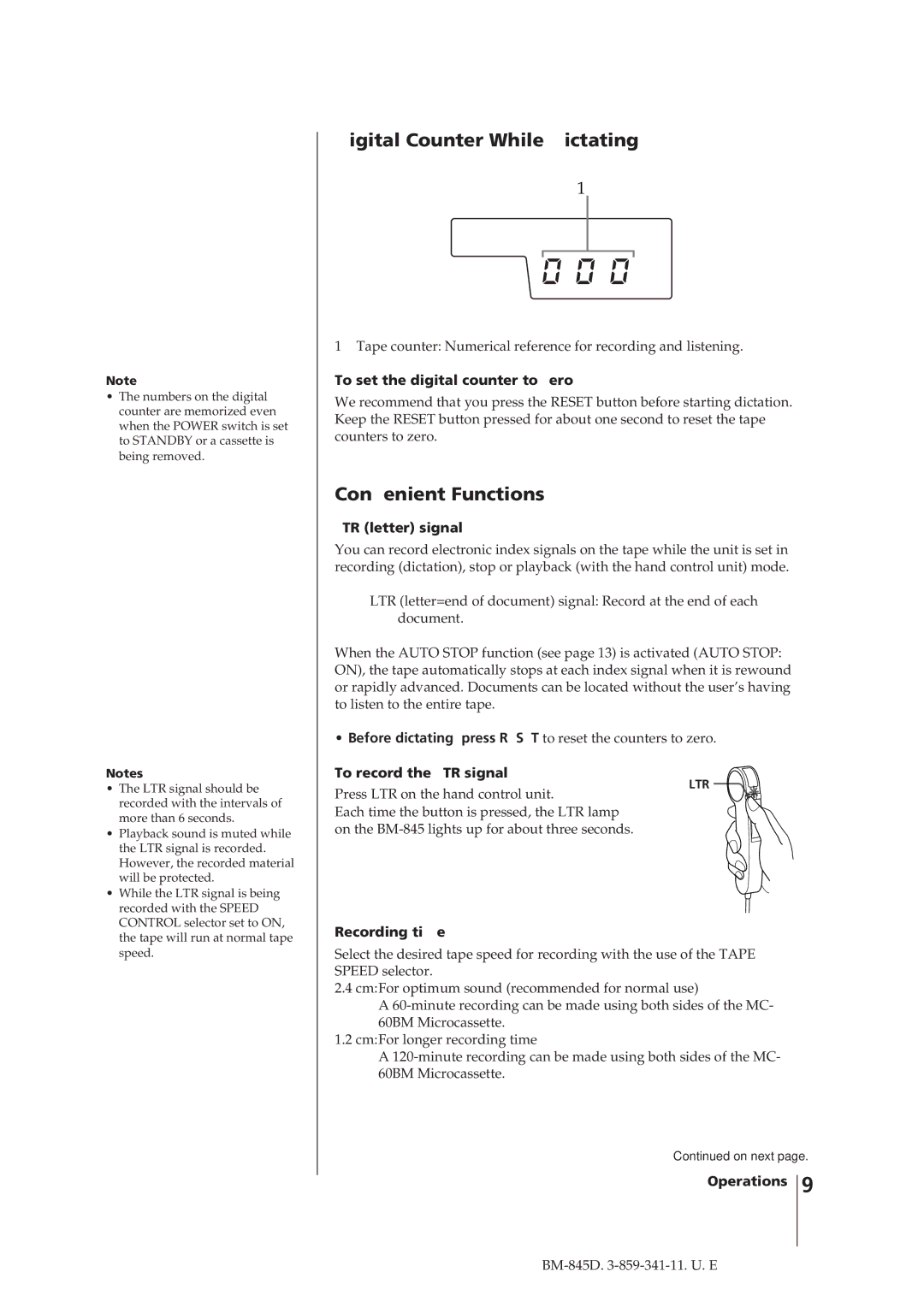 Sony BM-845D manual Digital Counter While Dictating, Convenient Functions 