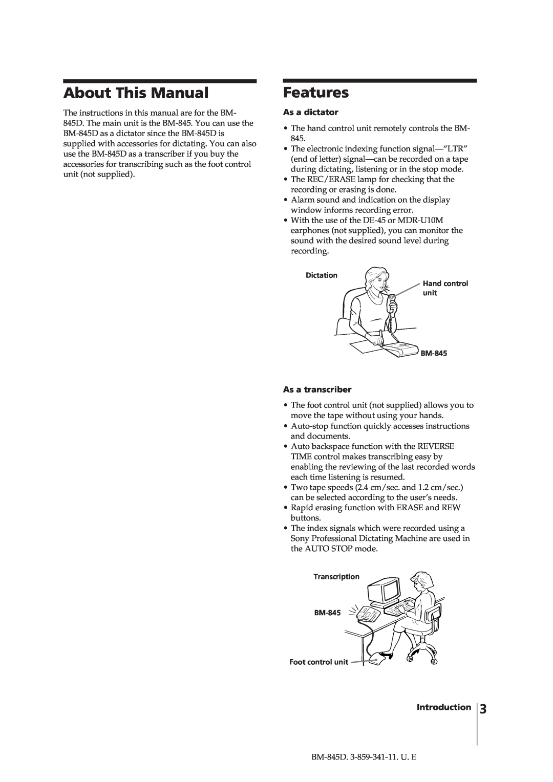 Sony BM-845D manual About This Manual, Features, As a dictator, As a transcriber, Introduction 