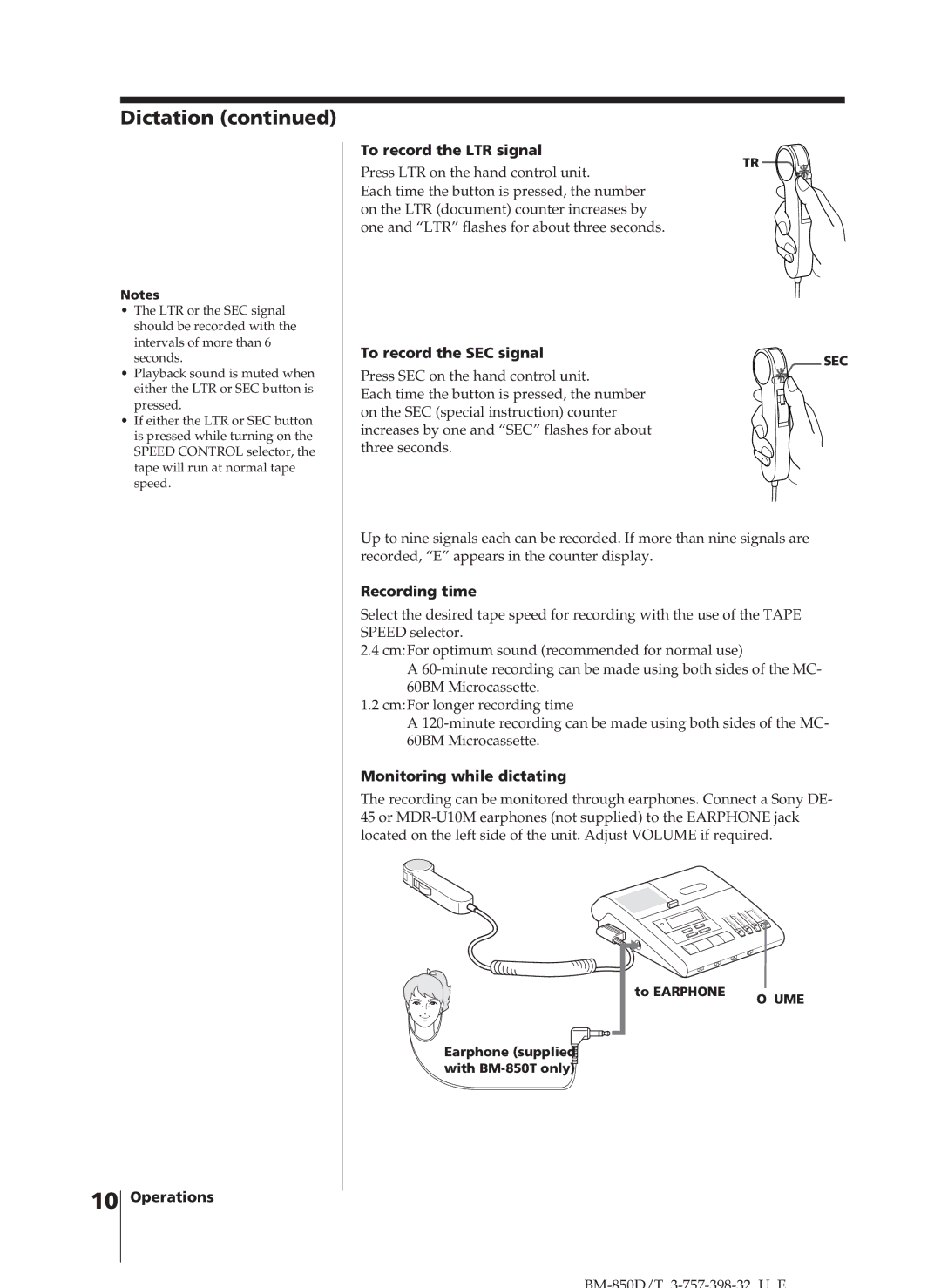 Sony BM-850D Dictation, To record the LTR signal, To record the SEC signal, Recording time, Monitoring while dictating 