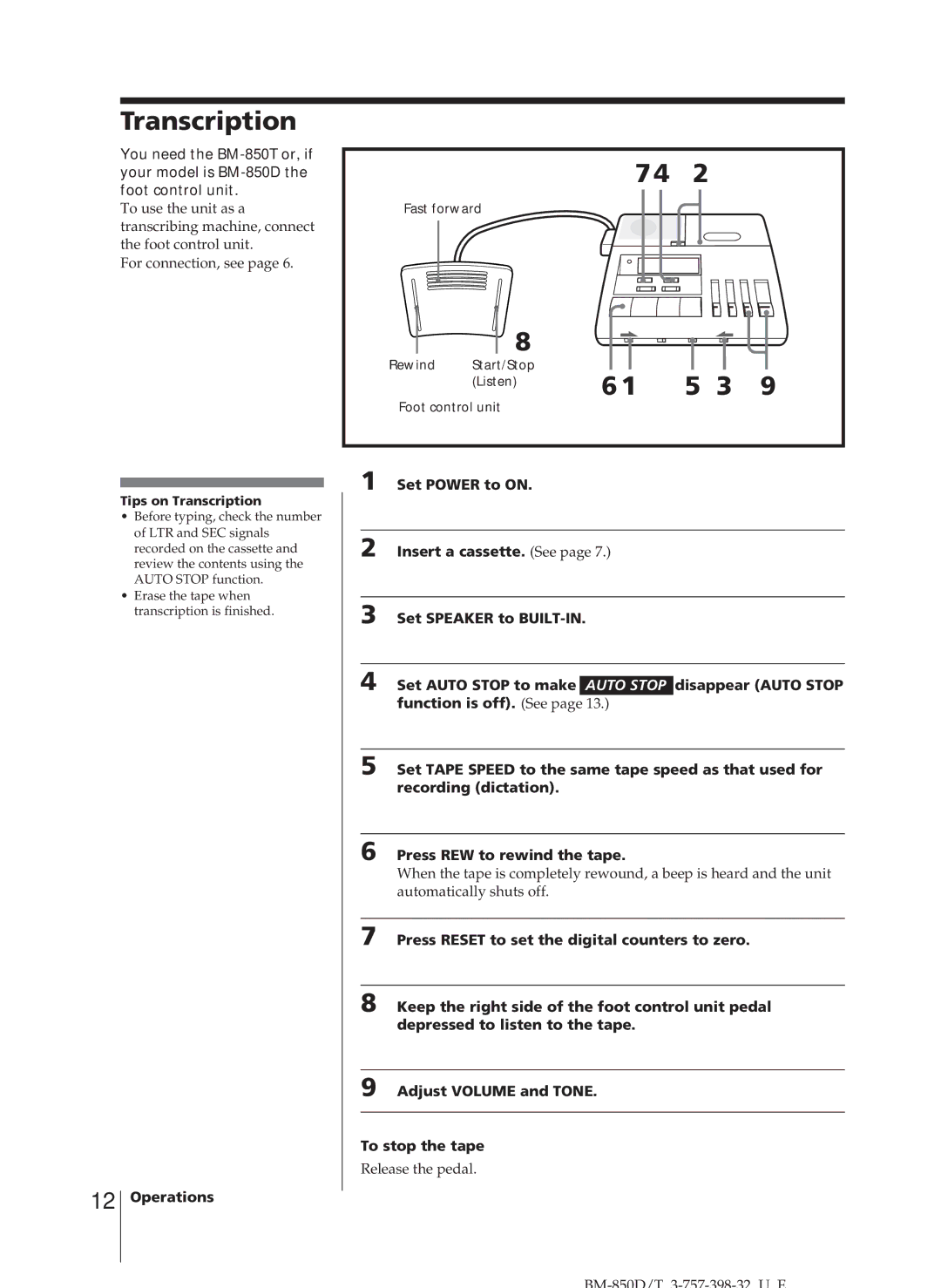 Sony BM-850D, BM-850T manual Tips on Transcription, Rewind Start/Stop Listen Foot control unit 