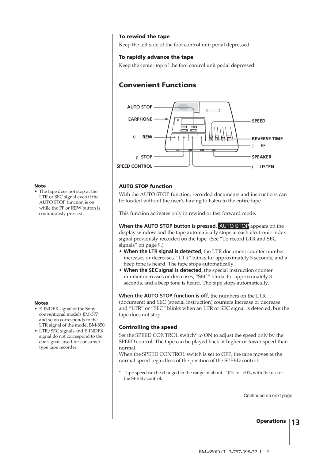 Sony BM-850T, BM-850D manual To rewind the tape, To rapidly advance the tape, Auto Stop function, Controlling the speed 