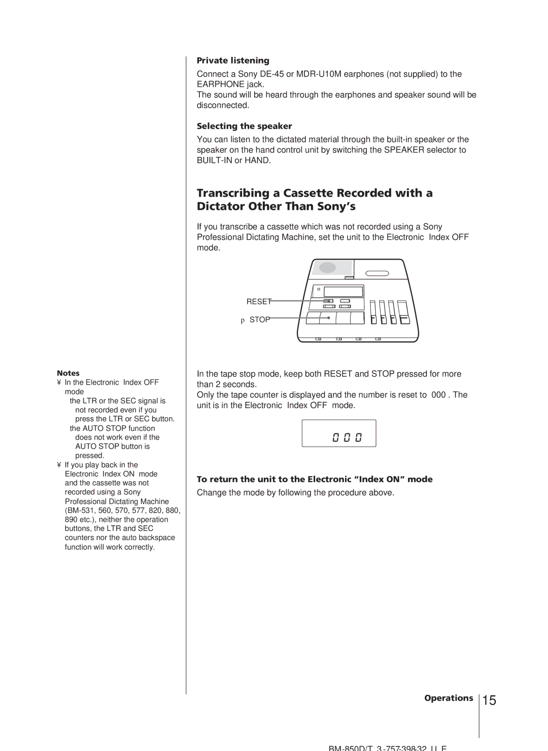 Sony BM-850T, BM-850D manual Private listening, Selecting the speaker, To return the unit to the Electronic Index on mode 