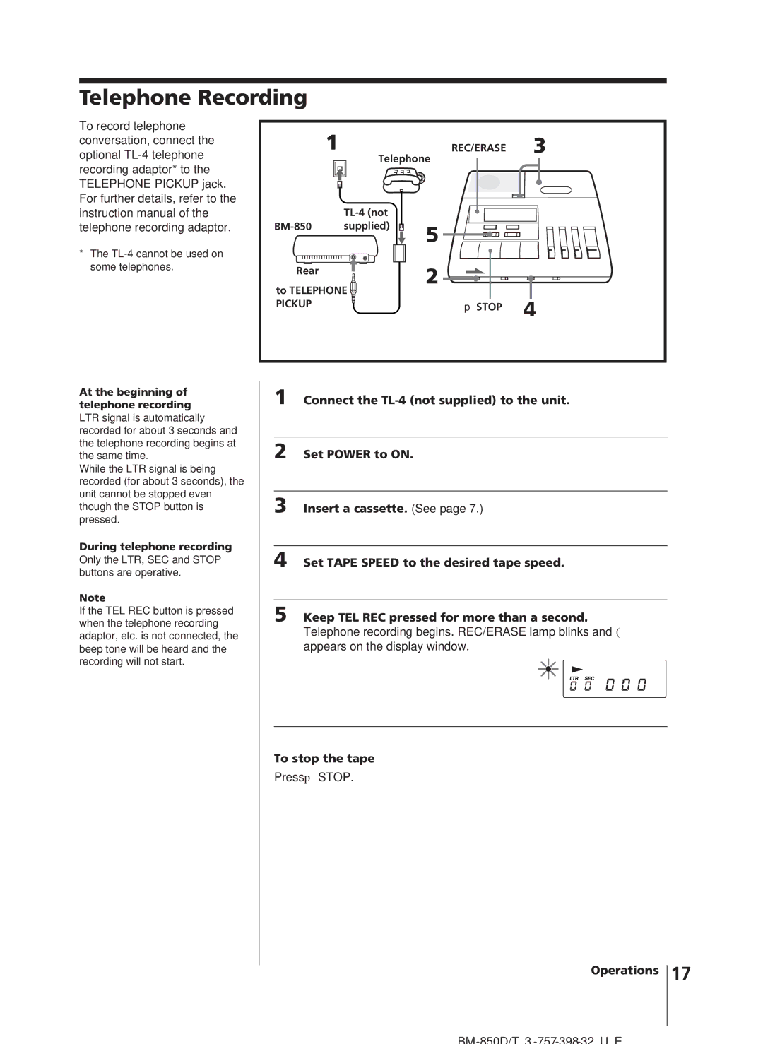 Sony BM-850T, BM-850D manual Telephone Recording, During telephone recording 