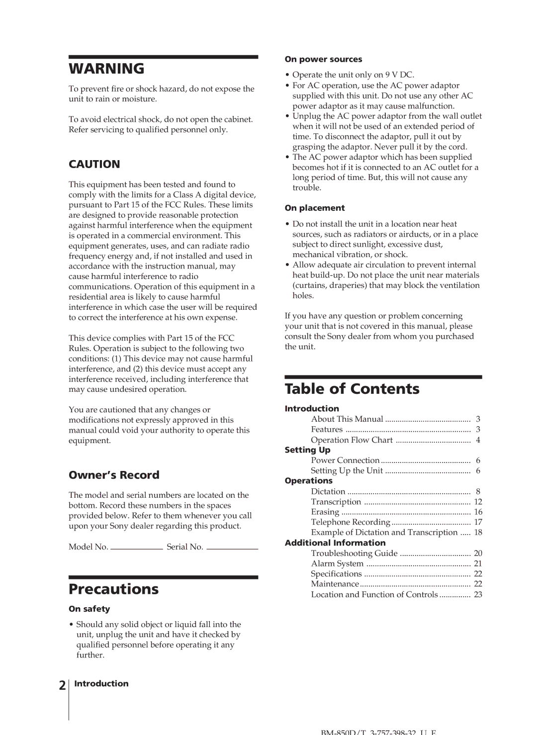 Sony BM-850D, BM-850T manual Precautions, Table of Contents 