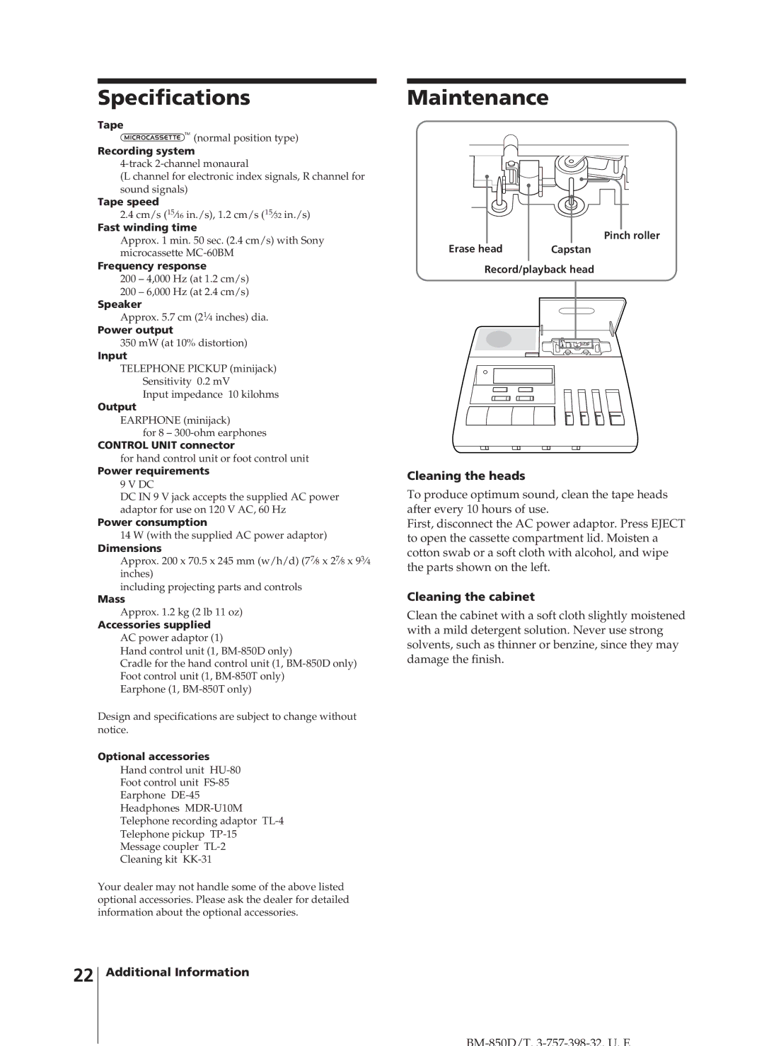 Sony BM-850D, BM-850T manual Specifications, Maintenance, Cleaning the heads, Cleaning the cabinet 