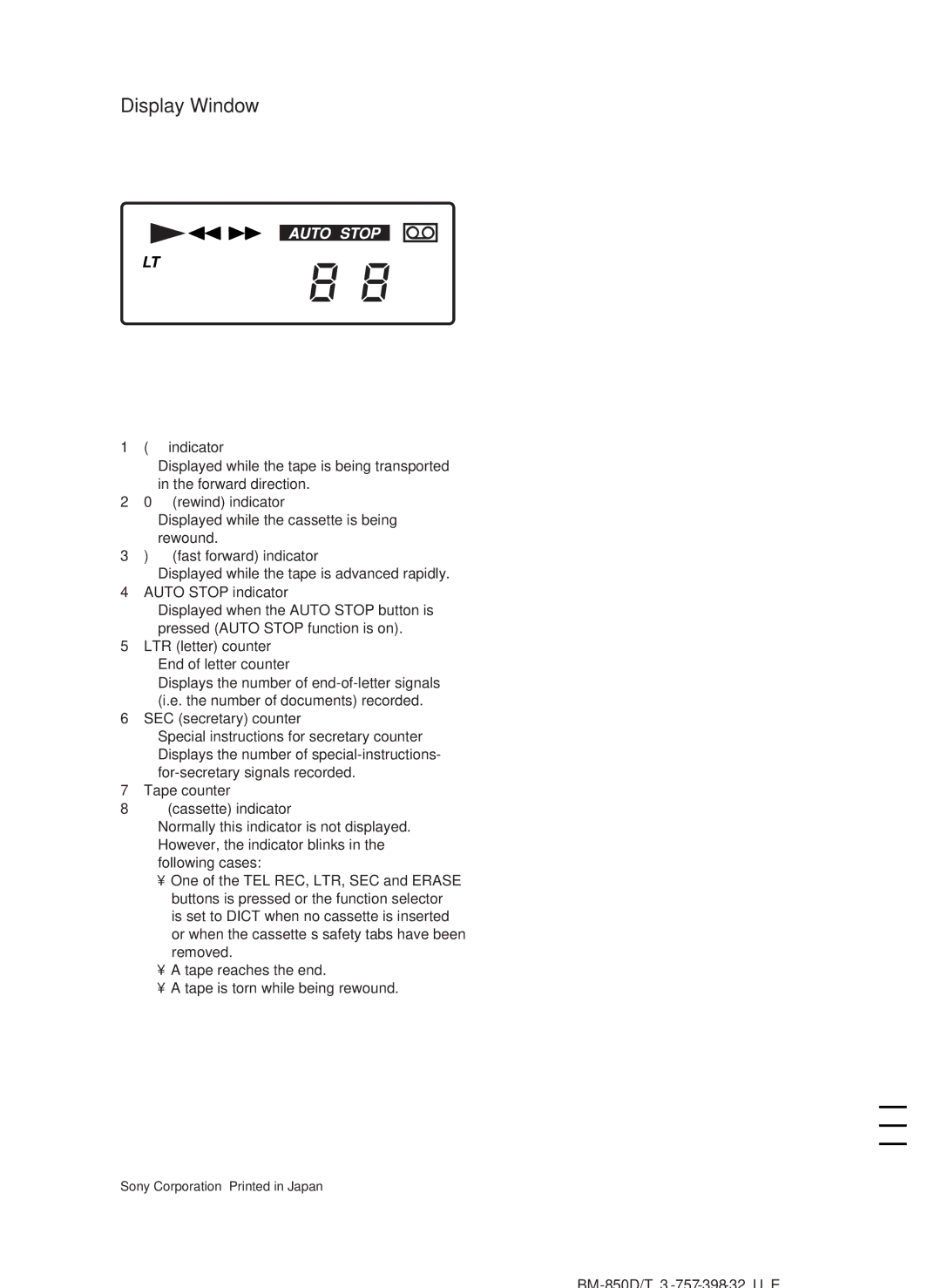 Sony BM-850D, BM-850T manual Display Window 