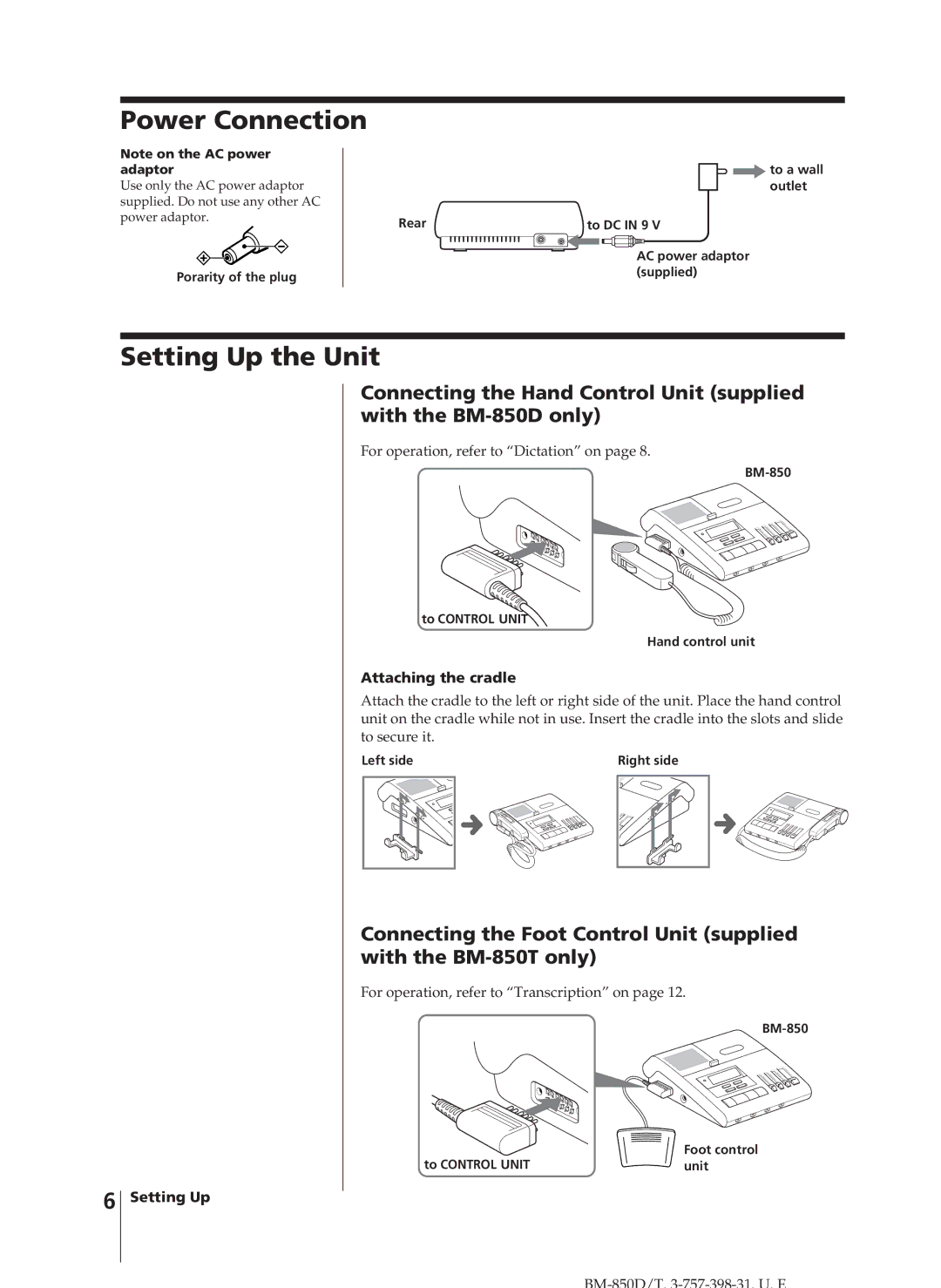 Sony BM-850D, BM-850T manual Power Connection, Setting Up the Unit, Attaching the cradle 