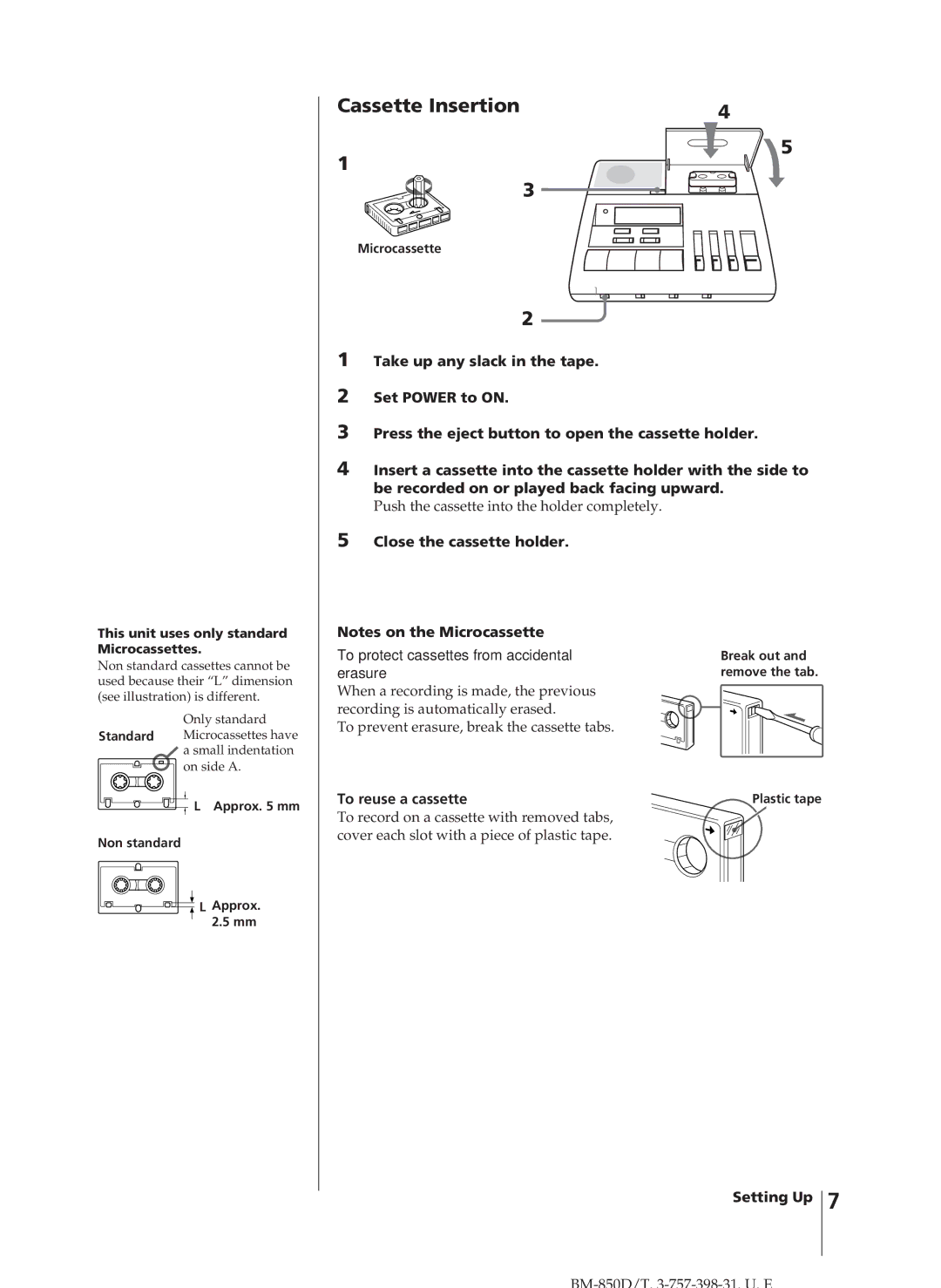 Sony BM-850T, BM-850D manual Cassette Insertion, To reuse a cassette 