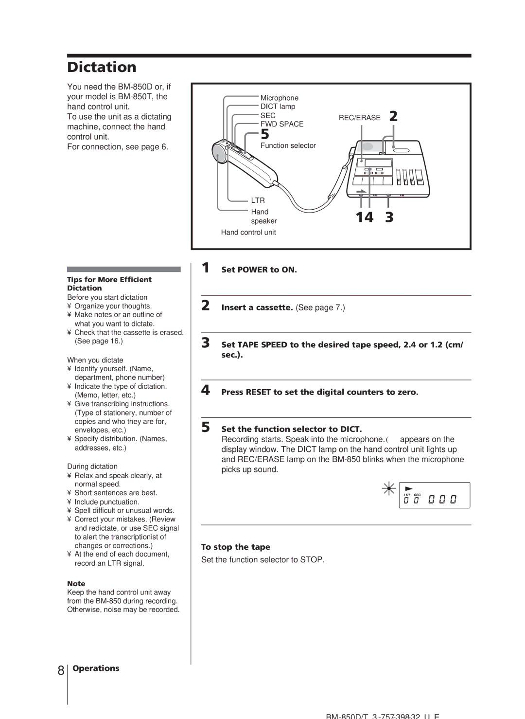 Sony BM-850D, BM-850T manual Dictation, To stop the tape 