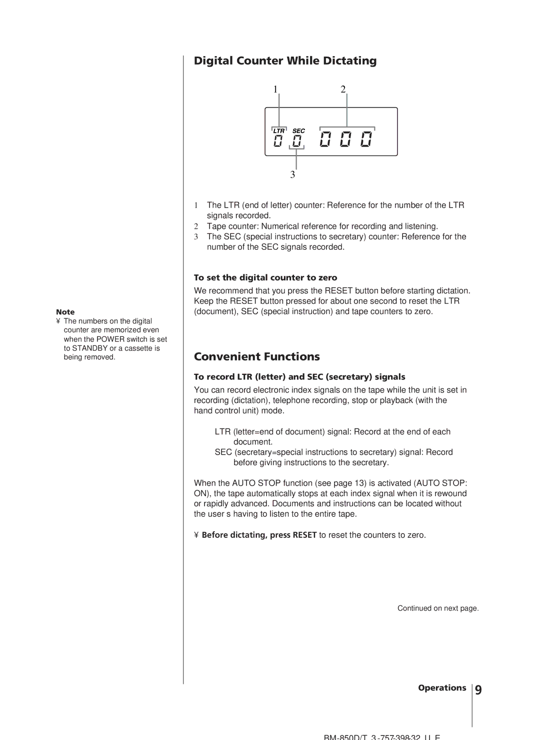 Sony BM-850T, BM-850D manual Digital Counter While Dictating, Convenient Functions, To set the digital counter to zero 