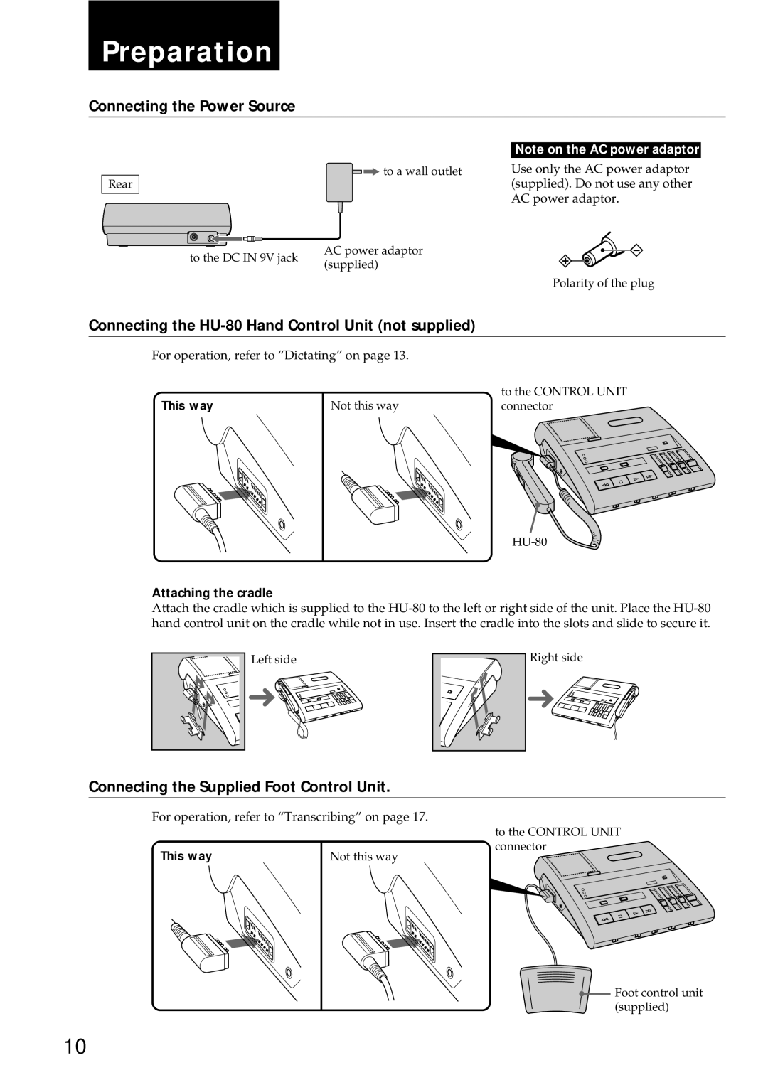 Sony BM-87DS manual Preparation, Connecting the Power Source, Connecting the HU-80 Hand Control Unit not supplied 