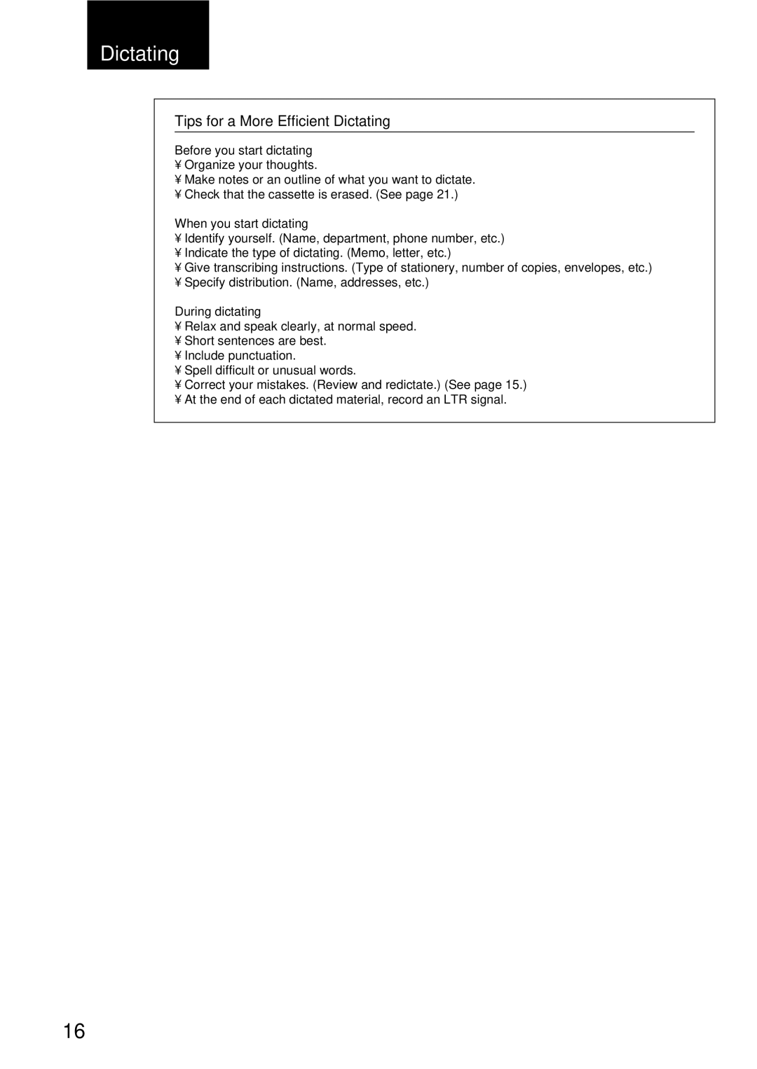 Sony BM-87DS Tips for a More Efficient Dictating, Before you start dictating, When you start dictating, During dictating 