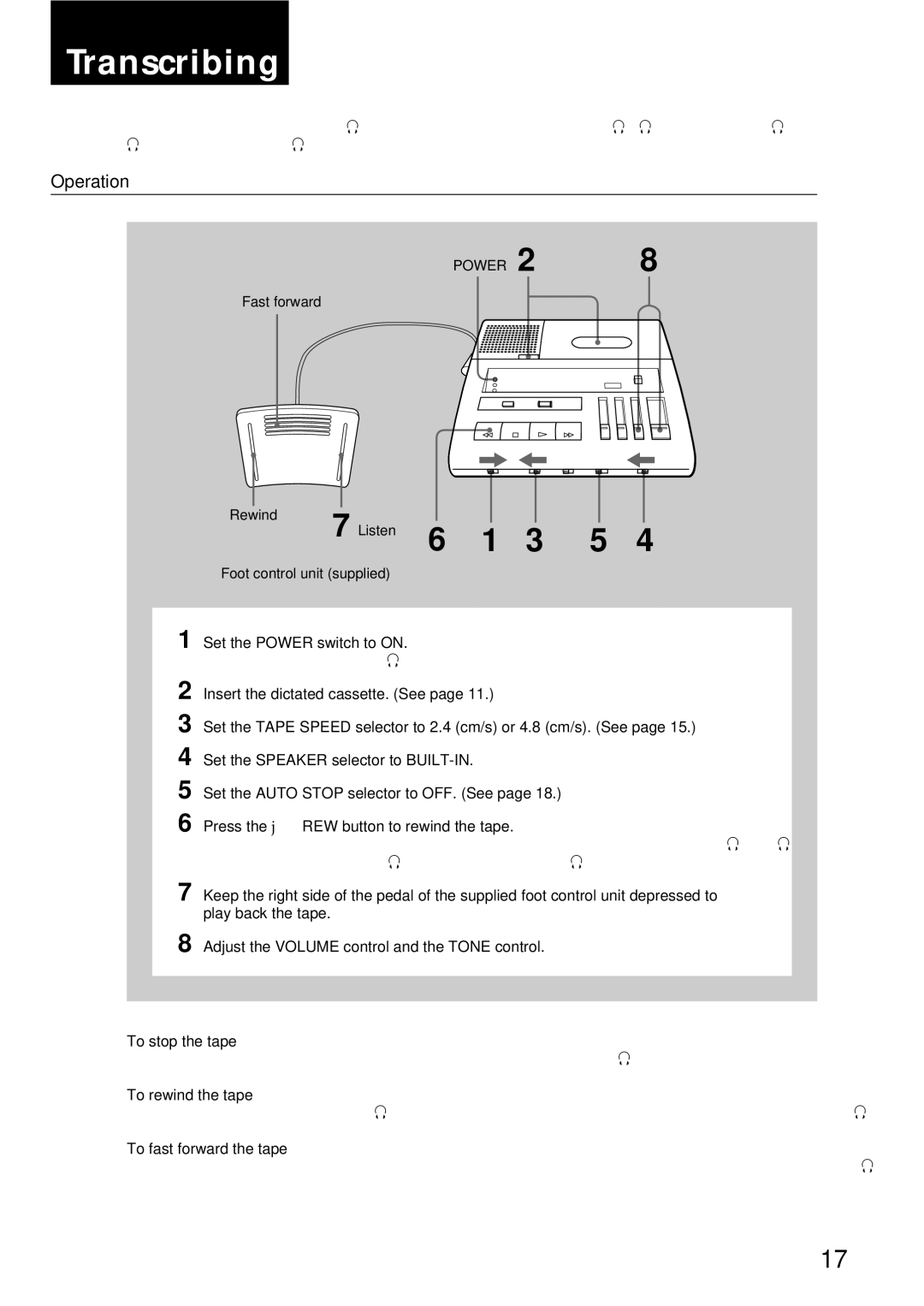 Sony BM-87DS manual Transcribing, Operation 