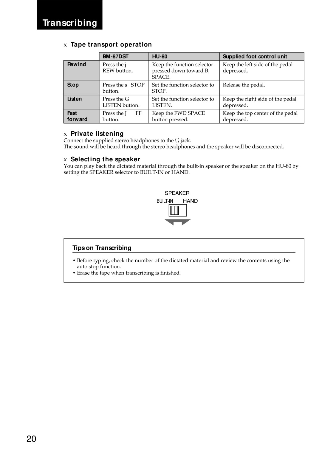 Sony BM-87DS manual Tape transport operation, Private listening, Selecting the speaker, Tips on Transcribing 