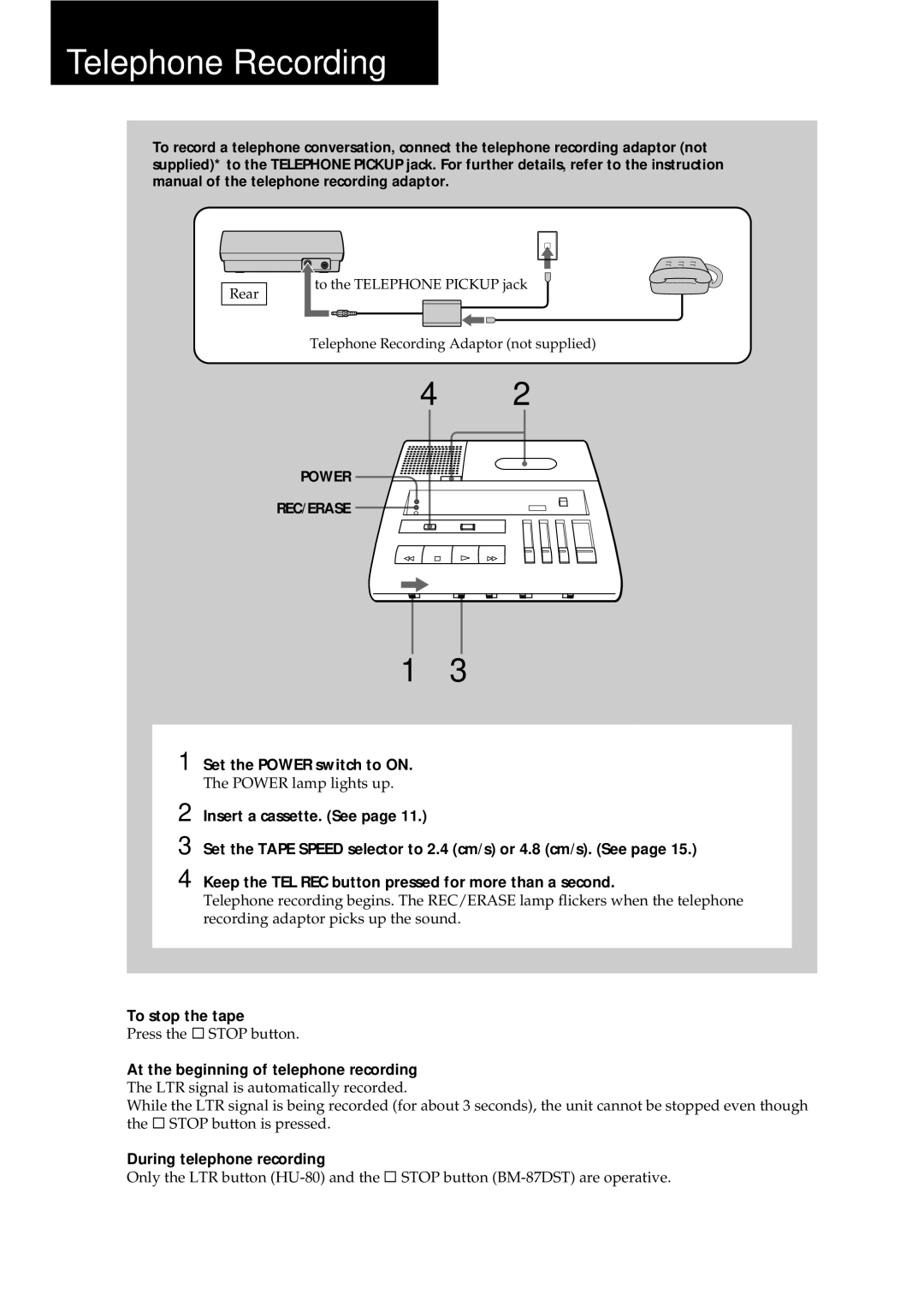 Sony BM-87DS manual Telephone Recording, During telephone recording 