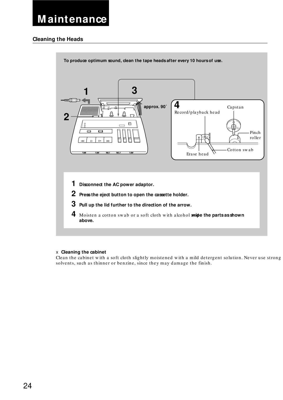 Sony BM-87DS manual Maintenance, Cleaning the Heads, Cleaning the cabinet 