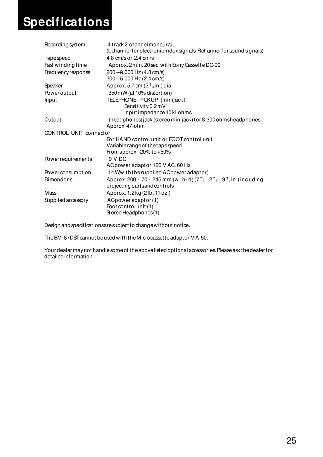 Sony BM-87DS manual Specifications 