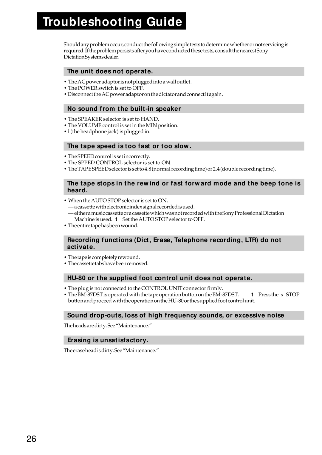 Sony BM-87DS manual Troubleshooting Guide 