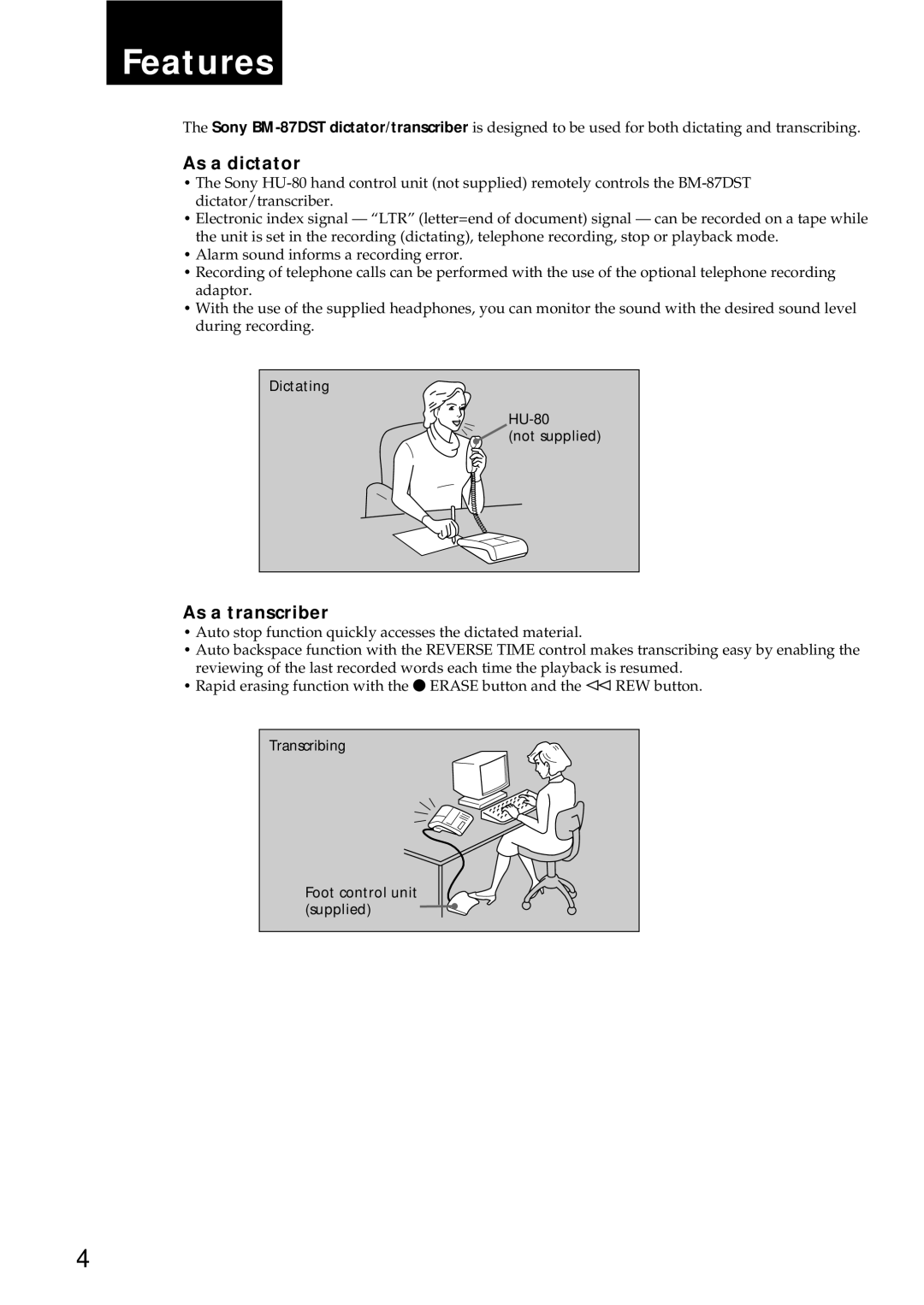 Sony BM-87DS manual Features, As a dictator, As a transcriber 