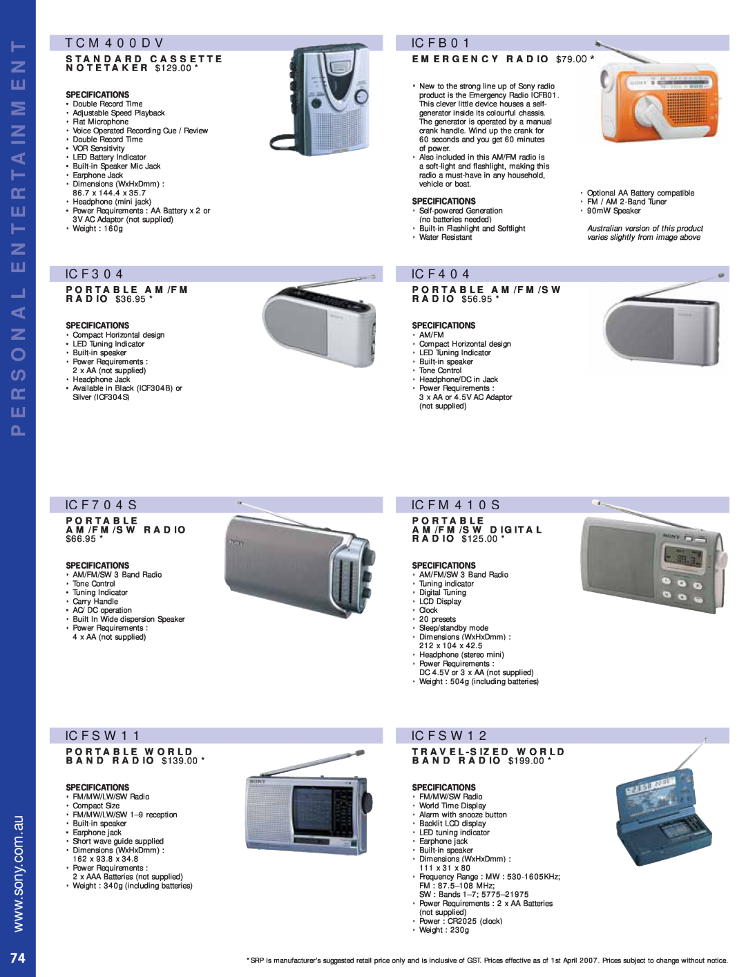 Sony Bravia LCD TV TCM400DV, ICF304, ICF704S, ICFSW11, ICF404, ICFM410S, ICFSW12, Entertainment, Personal, Portable Am/Fm 