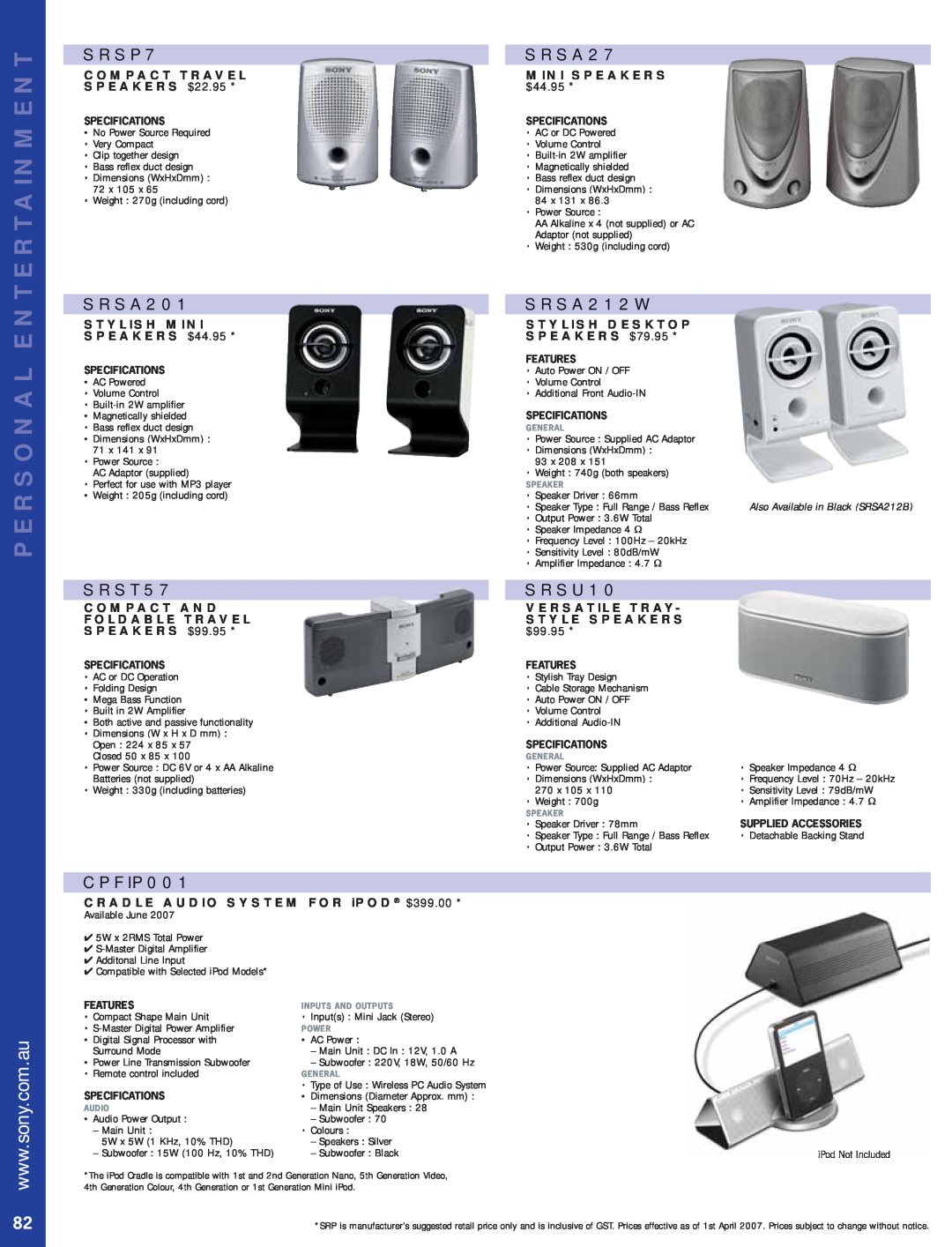 Sony Bravia LCD TV SRSP7, SRSA27, SRSA201, SRSA212W, SRST57, SRSU10, CPFIP001, Entertainment, Personal, Mini Speakers 