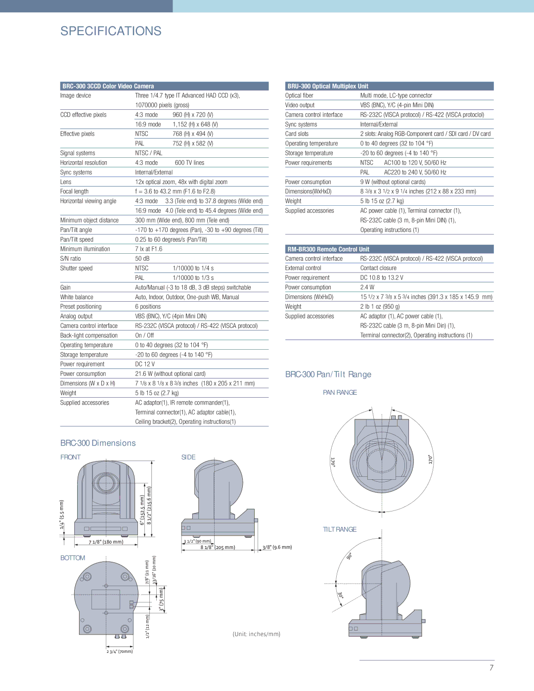 Sony manual Specifications, BRC-300 Pan/Tilt Range, BRC-300 Dimensions 