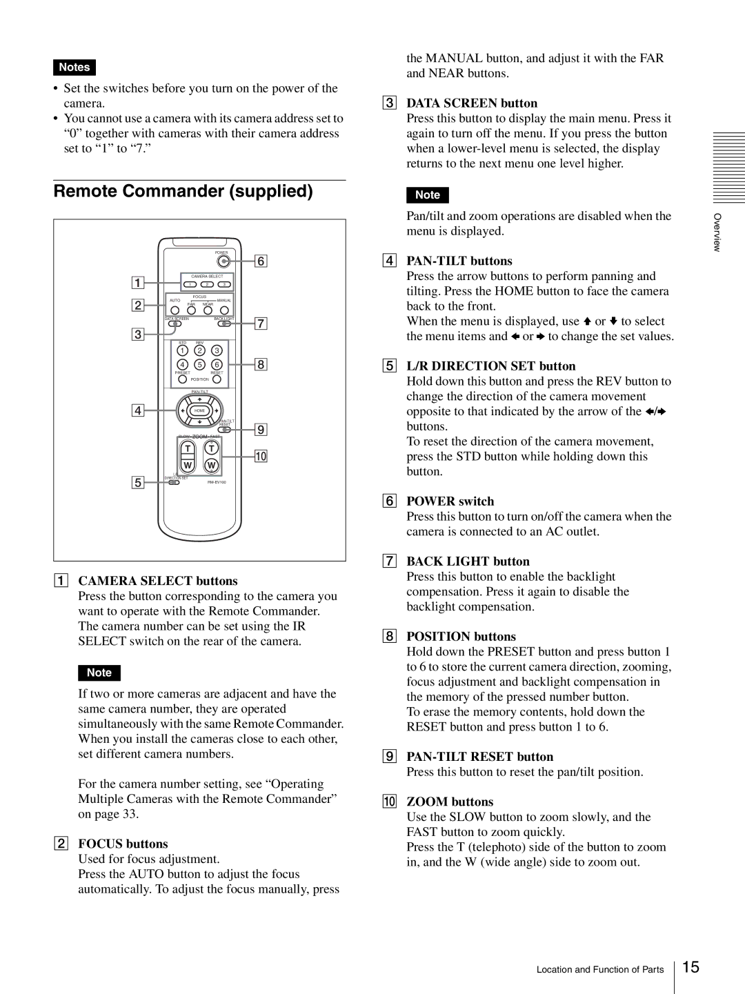 Sony BRC-Z330 operating instructions Remote Commander supplied 