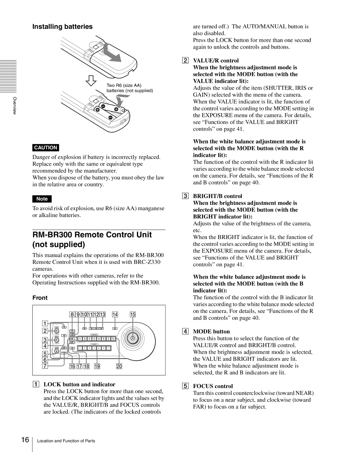 Sony BRC-Z330 RM-BR300 Remote Control Unit not supplied, Installing batteries, Lock button and indicator, Mode button 