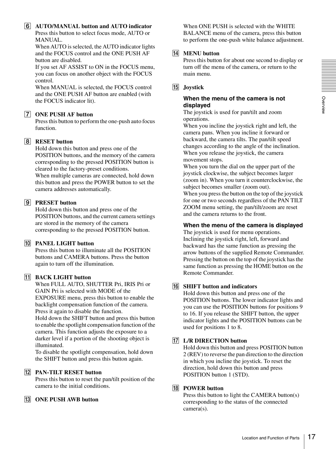 Sony BRC-Z330 operating instructions When the menu of the camera is not displayed, When the menu of the camera is displayed 