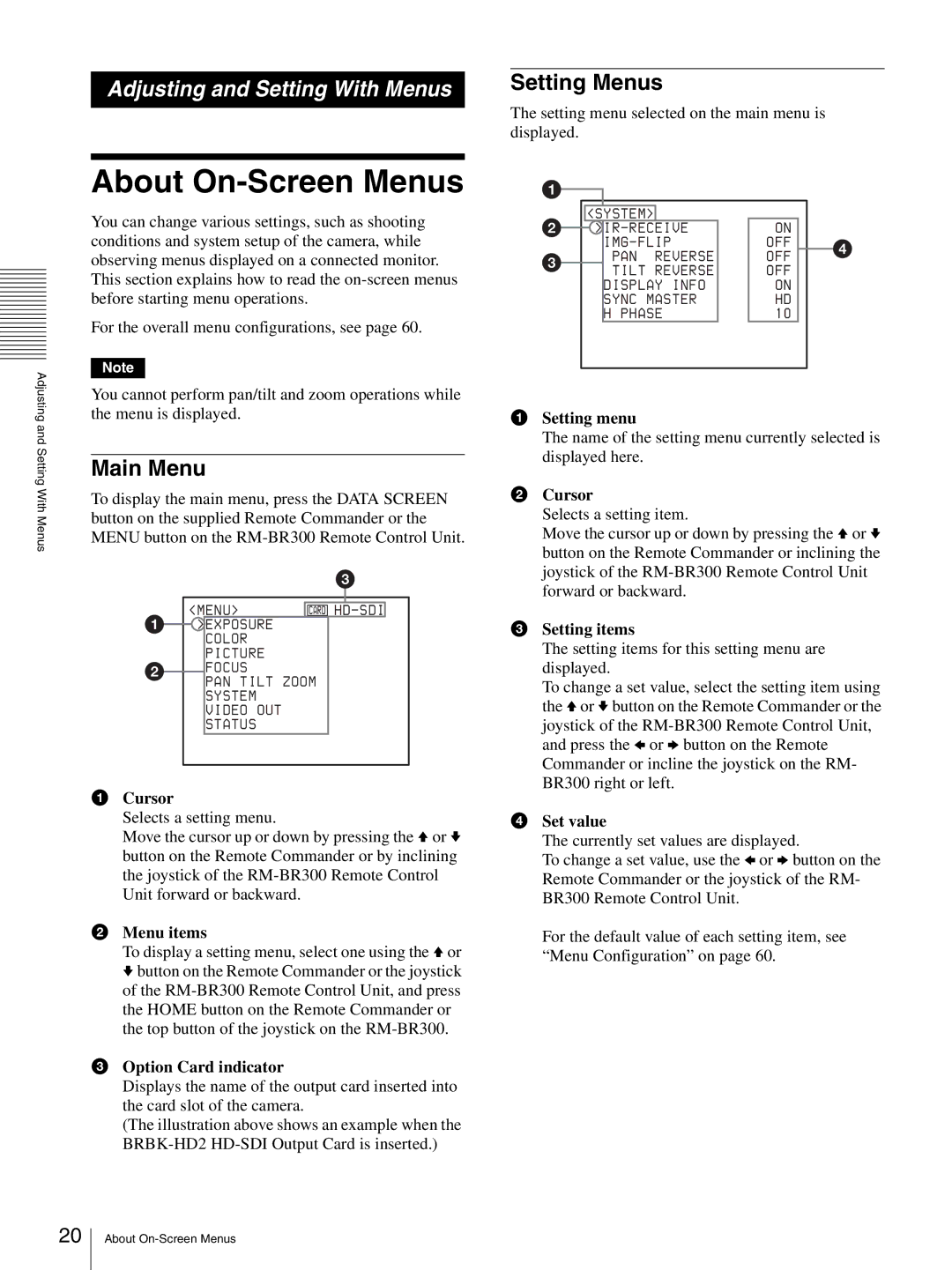 Sony BRC-Z330 operating instructions About On-Screen Menus, Setting Menus, Main Menu 