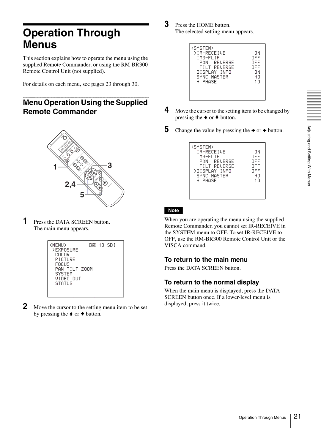 Sony BRC-Z330 Operation Through Menus, Menu Operation Using the Supplied Remote Commander, To return to the main menu 