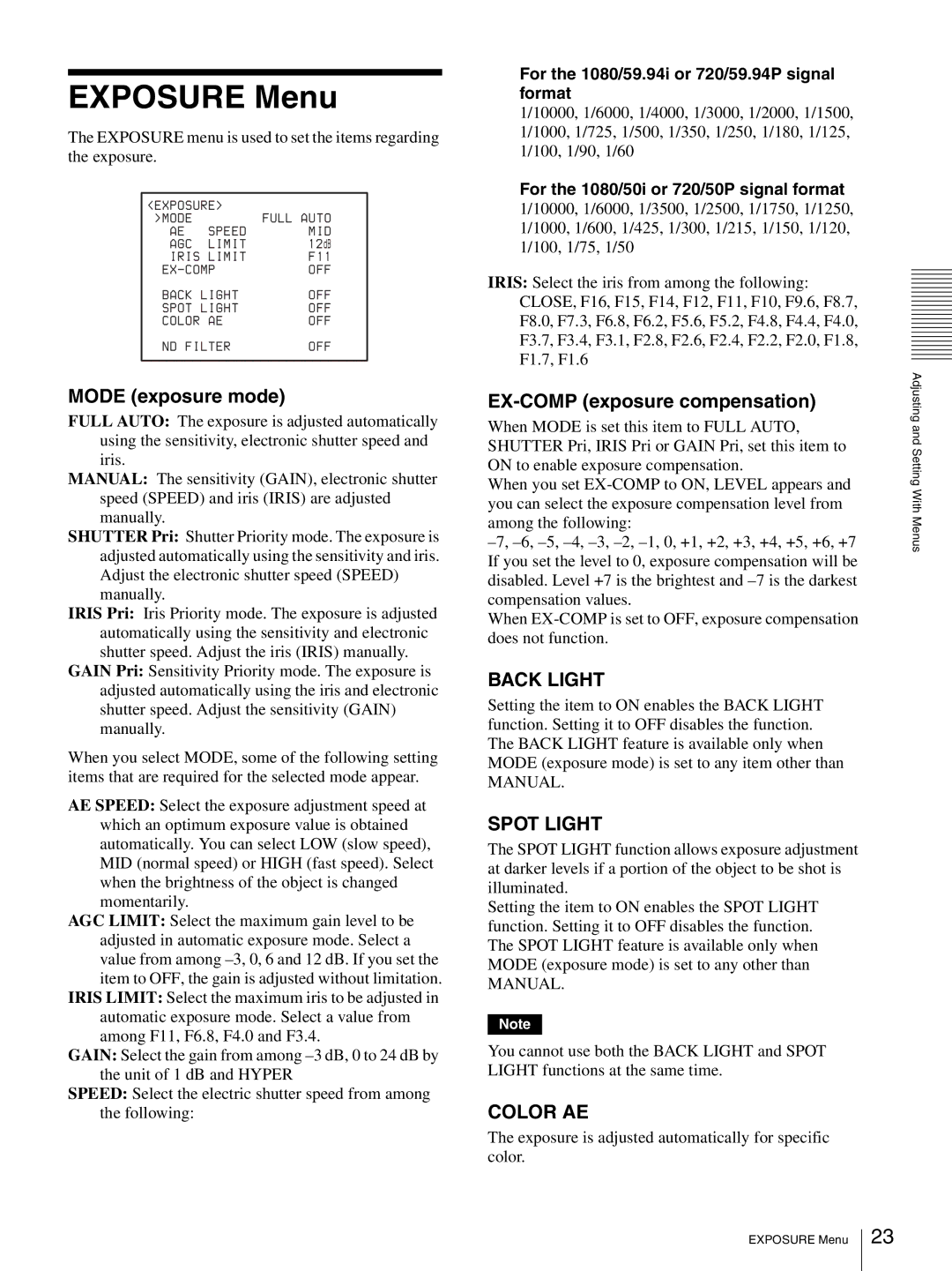 Sony BRC-Z330 operating instructions Exposure Menu, Mode exposure mode, EX-COMP exposure compensation 