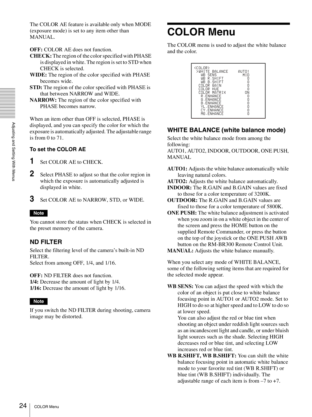 Sony BRC-Z330 operating instructions Color Menu, White Balance white balance mode, To set the Color AE 