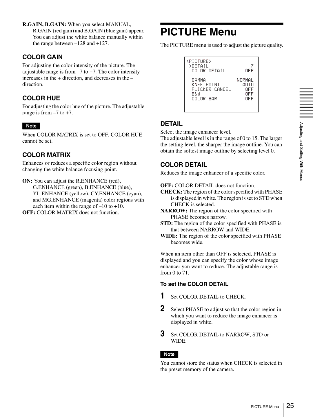 Sony BRC-Z330 operating instructions Picture Menu, To set the Color Detail 