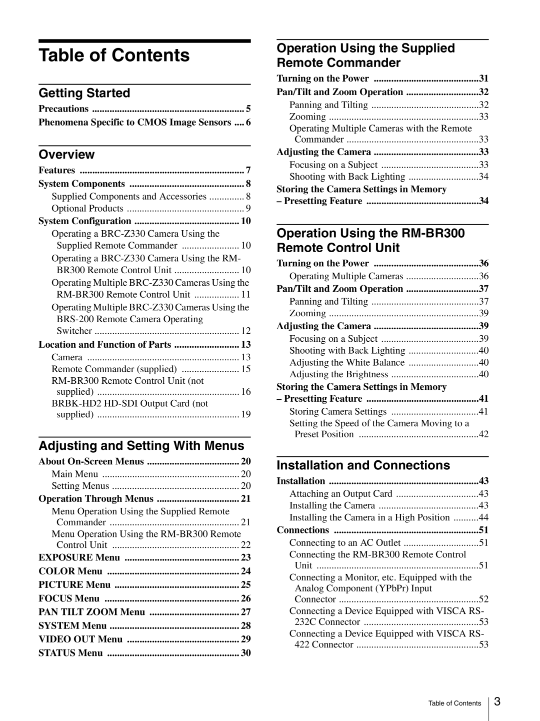 Sony BRC-Z330 operating instructions Table of Contents 