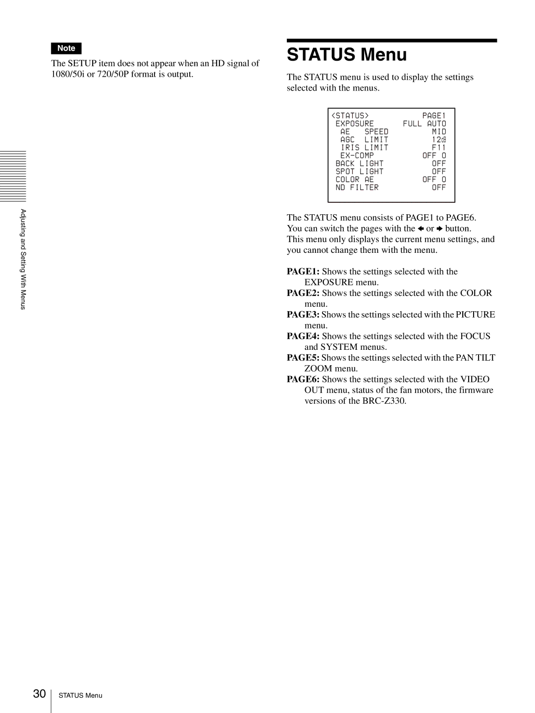 Sony BRC-Z330 operating instructions Status Menu 