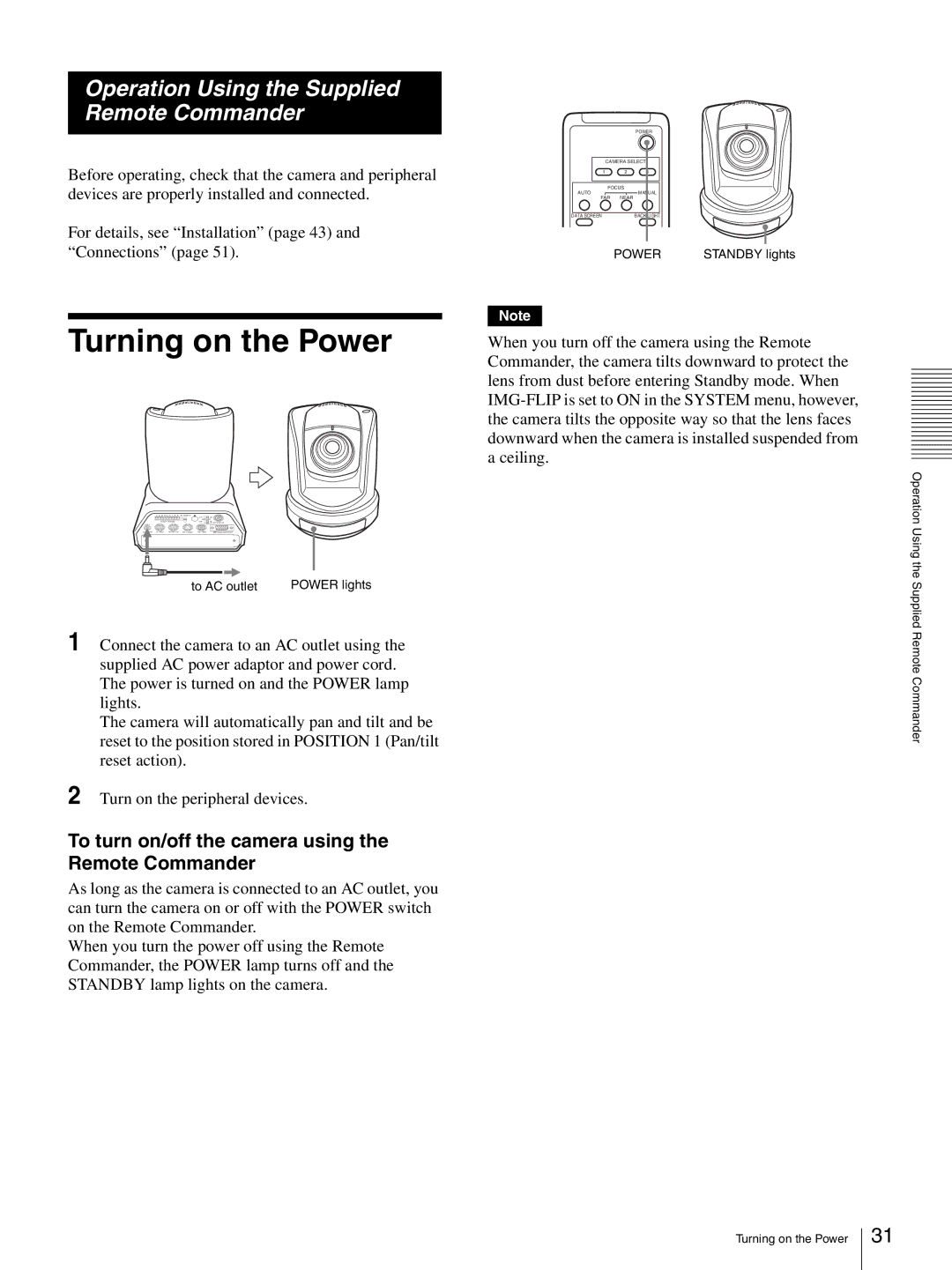 Sony BRC-Z330 operating instructions Turning on the Power, To turn on/off the camera using the Remote Commander 