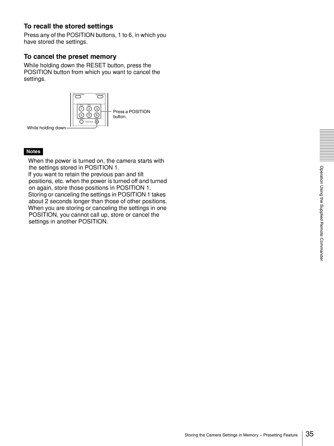 Sony BRC-Z330 operating instructions To recall the stored settings, To cancel the preset memory 